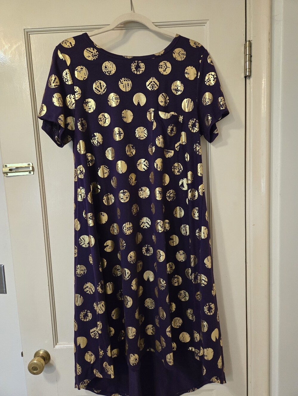 Lularoe Elegant Carly Purple Shift Dress with Gold Polka Dot Foil